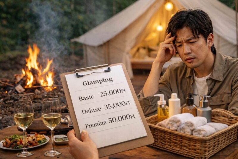 グランピングの料金とサービス内容を見比べる人物