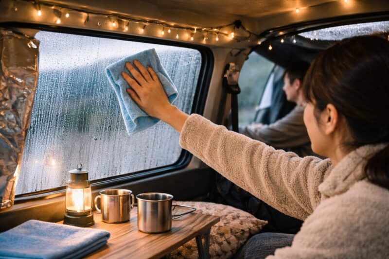車内の結露した窓をクロスで拭き取り見通しを良くしている様子