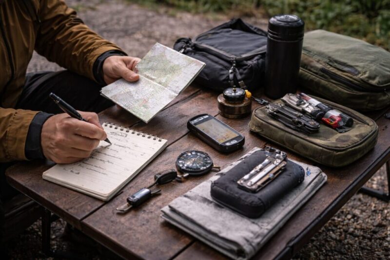 出発前にチェックリストで手順を確認しながら道具を整えるキャンプの手元