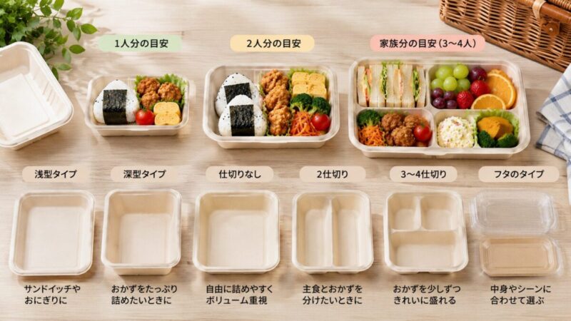 一人分・二人分・家族分に分けた使い捨て弁当容器と、浅型・深型・仕切り付き容器の形状を比較した様子。