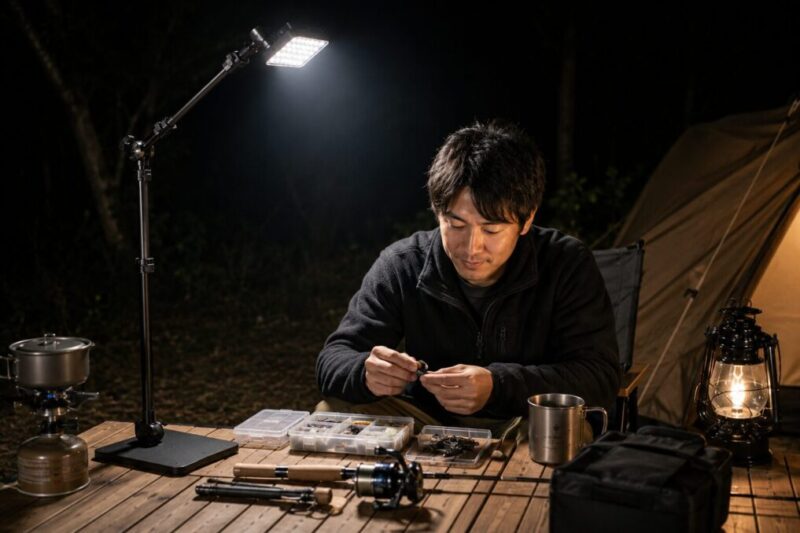 夜のキャンプで高い位置のLEDライトを使い釣り仕掛けを準備する男性