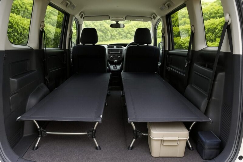 広めの車内でコットを並べて快眠スペースを作るイメージ。