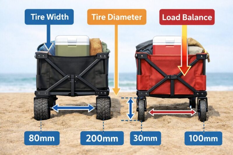 砂浜向けキャリーカート選びで重要なタイヤと重心の図解