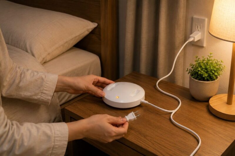 一晩中使う前に平たい電気式マット蚊取り器の本体とコードを確認する様子