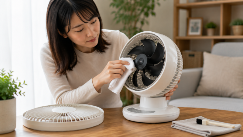 前ガードを外してサーキュレーターの羽根を布で掃除する様子