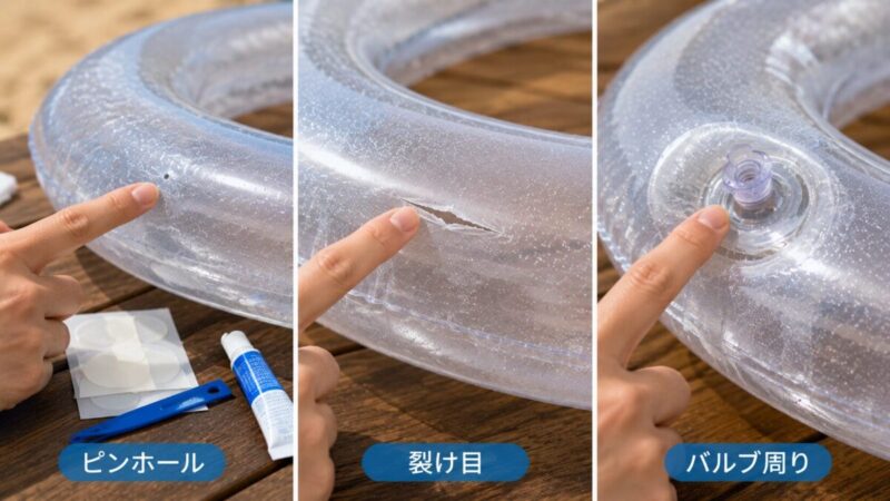 小さな穴、裂け目、空気栓周辺の状態を並べて確認している透明な浮き輪。