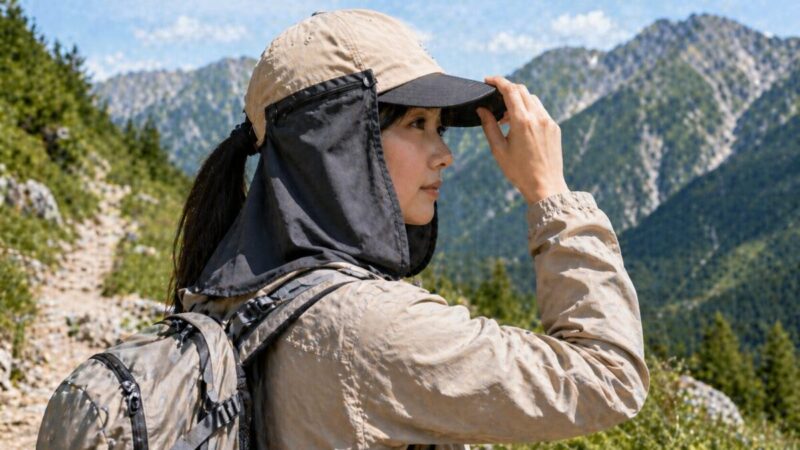 登山道で首日よけ付きキャップをかぶり日差し対策をする様子