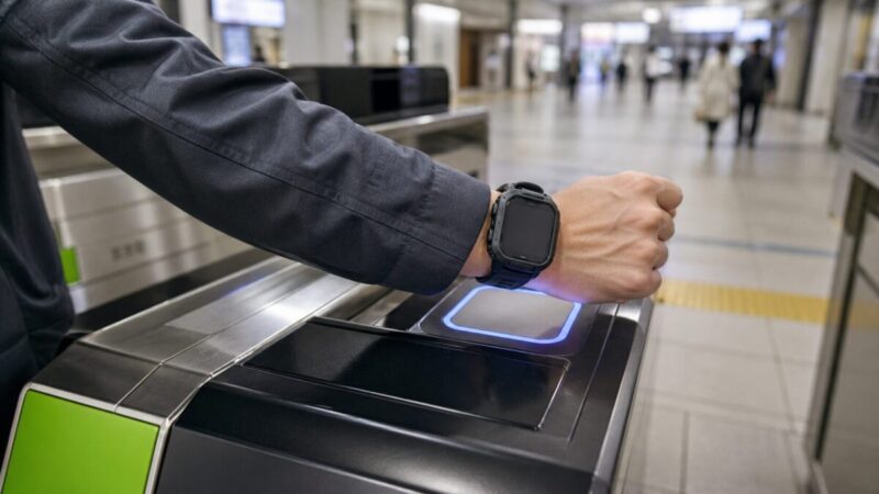 スマートウォッチで改札を通るときの注意点を示すイメージ