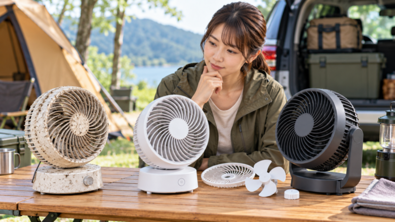 キャンプで古いサーキュレーターと掃除しやすい買い替え候補を比較する様子