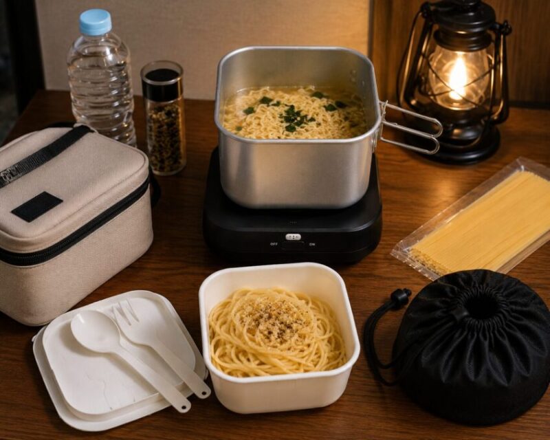 トラベルクッカーでラーメンやパスタなどの簡単な麺料理を作っている様子