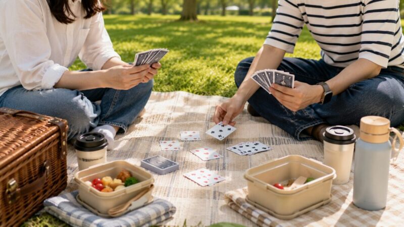 ピクニックの食後に芝生の上でカードゲームを楽しむ二人