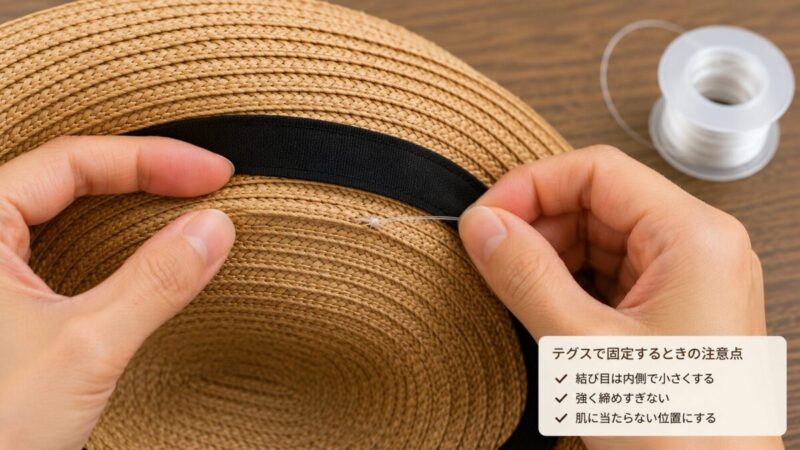麦わら帽子のつばの裂けと縁のほつれを、外周に沿ってかがり縫いで補修している様子