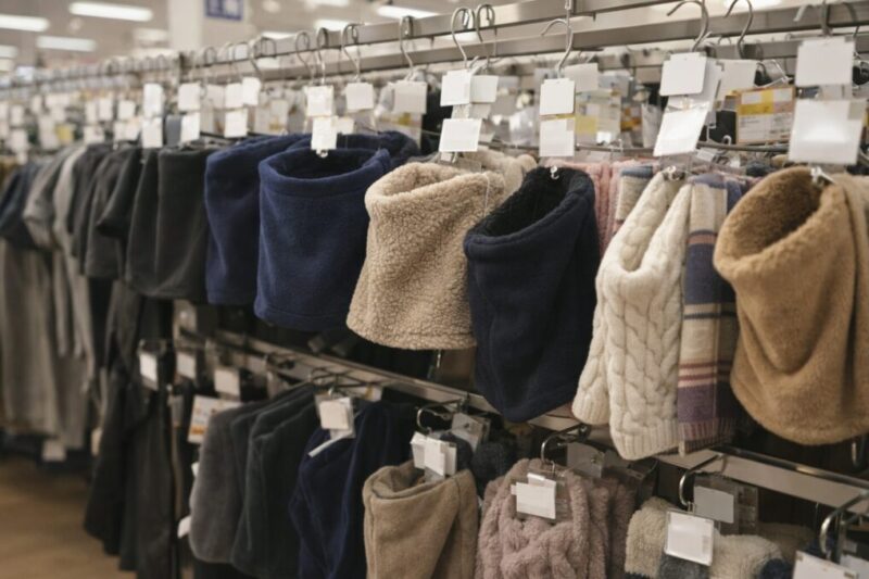 店内の衣料小物コーナーにネックウォーマーとマフラーが並ぶ売り場イメージ写真