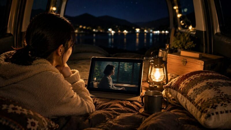 湖畔の車中泊で、ランタンの灯りの中タブレットで映画を楽しむ女性