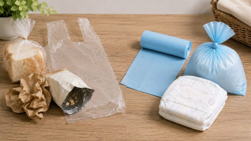 透明のパン袋と乾いた紙ゴミ、青い防臭袋とおむつを左右に並べて用途の違いを比較した写真。