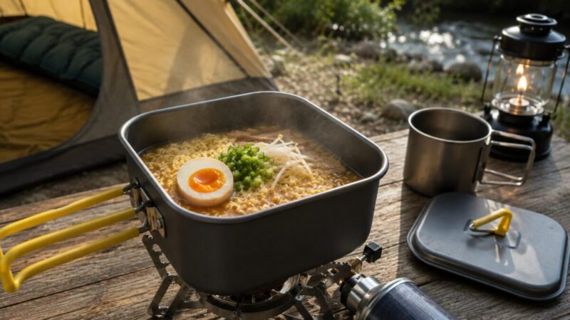 角型クッカーで一人分のラーメンを具材と一緒に調理している様子