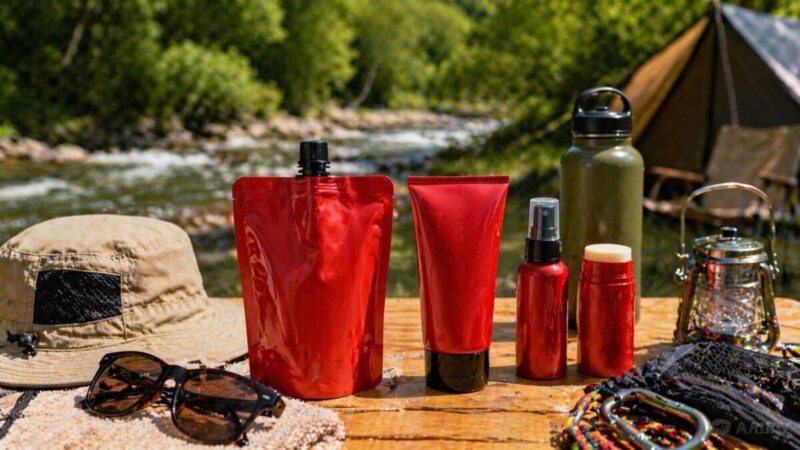 川辺のキャンプテーブルに大容量パウチ風の日焼け止めと外遊び用品を並べた様子