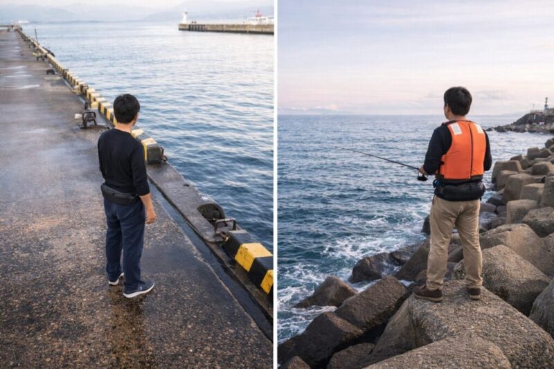 港と防波堤の足場の危険性を示す釣り場の安全イメージ