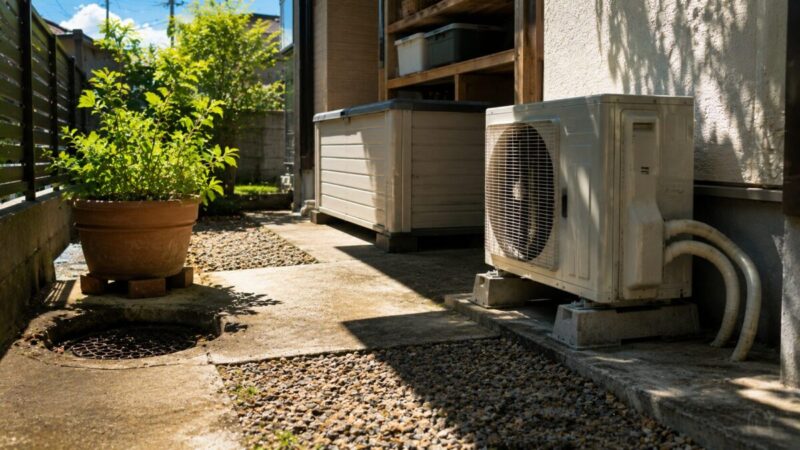 真夏の日差しが当たる住宅脇にある室外機、植木鉢、収納ボックス、排水口周辺の