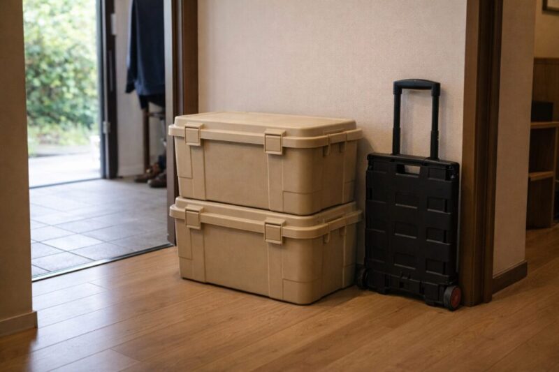 玄関付近に収納ボックスをまとめ、折りたたみキャリーで一括搬出しやすくしている様子