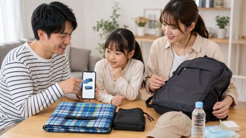 自宅で家族がレジャーシートや持ち物を準備している様子
