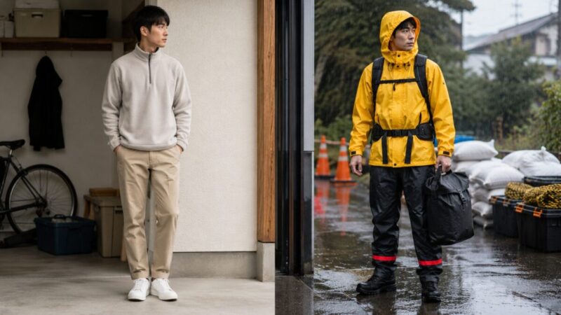普段着と防水レインウェアを比較し、雨の日や屋外作業に向いた装備を確認する様子
