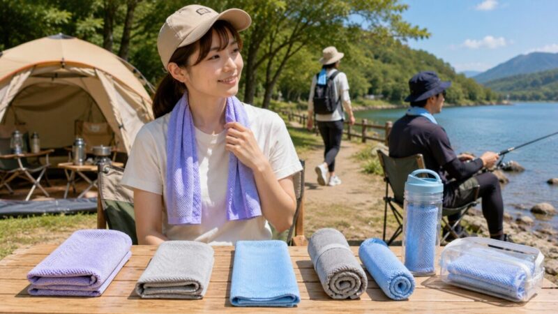 キャンプや散歩や釣りで使いやすいサイズの冷感タオルを比較する様子