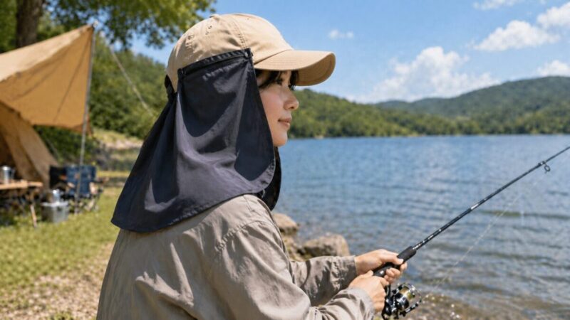 釣りやキャンプで後付けネックシェードを使い首元を日差しから守る様子