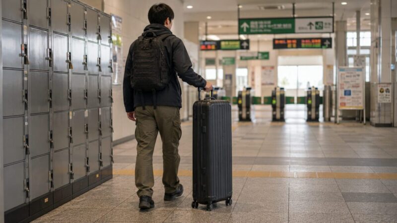 電車移動でも目立ちにくいスリムスーツケースでサバゲー装備を運ぶイメージ
