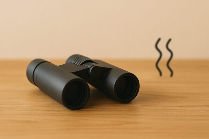 双眼鏡を机の上に置き、横にわずかな揺れを連想させるマークを添えて、拡大すると安定した保持が重要になることを表したイメージ