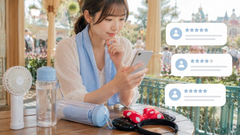 冷感タオルを首に掛けながらスマートフォンで口コミと評価を確認する女性