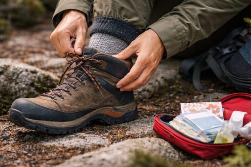 登山中に靴ひもを締め直し、足元のフィットを調整している様子