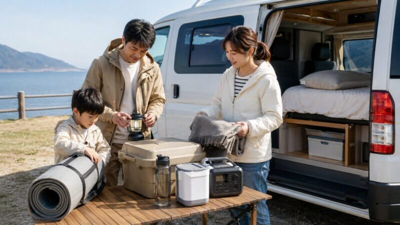 海辺のキャンピングカーの横で家族がマットやランタンなど初めての車中泊用品を確認している様子