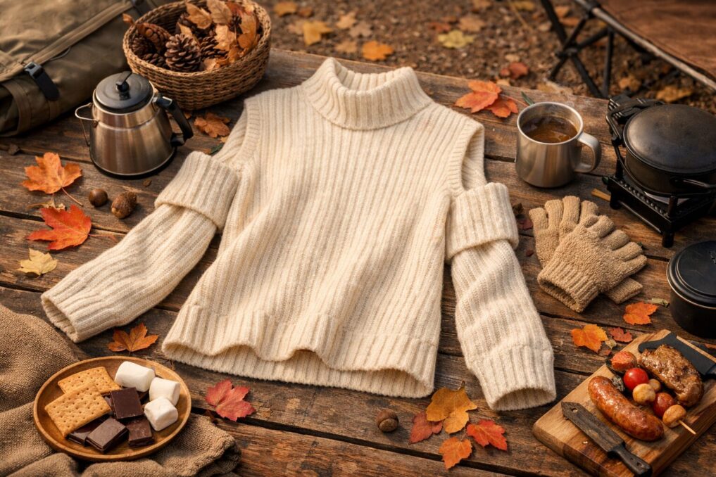 キャンプテーブルにニットトップスとアームウォーマーを並べ、温かい飲み物と道具で季節の装いを表現した写真