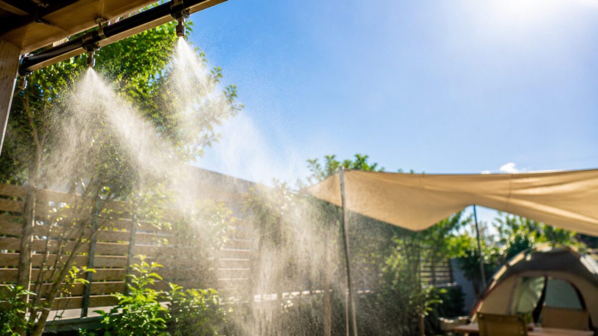 夏の庭でミストシャワーを使い、タープやテント周辺を涼しくしている様子