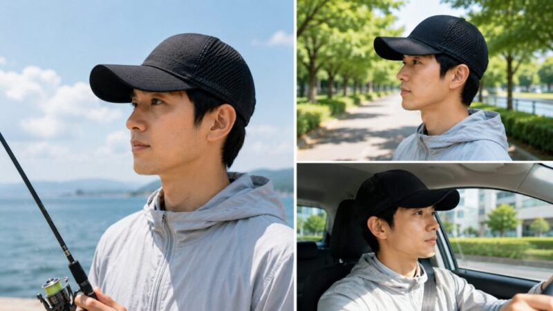 釣り、散歩、車の運転時に黒いメッシュキャップを着用した男性の比較写真