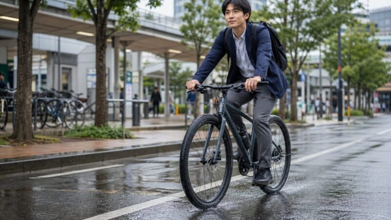 雨上がりの街中をクロスバイクで通勤する男性のイメージ。