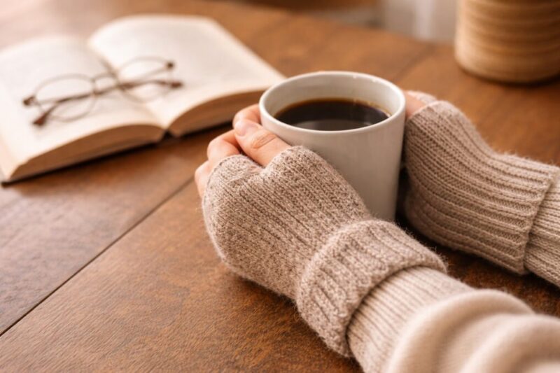 薄手の指なし手袋を着けた手がマグカップを持ち、手元の動かしやすさが伝わる様子。