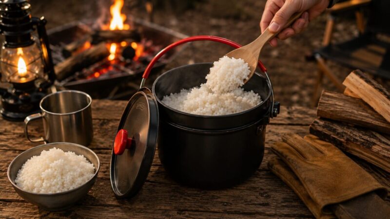 ライスクッカーで炊き上がった白米をしゃもじでよそい、キャンプで炊飯量を確認している様子