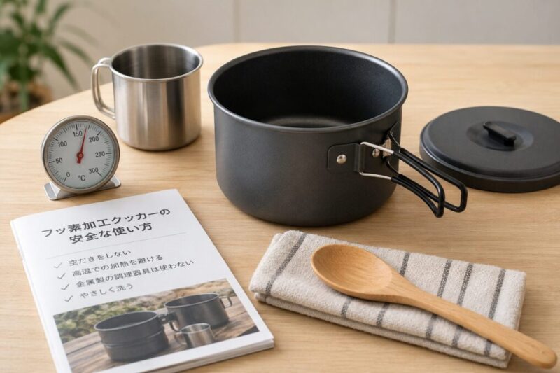 フッ素加工クッカーと温度計を並べて安全な使い方を確認するシーン