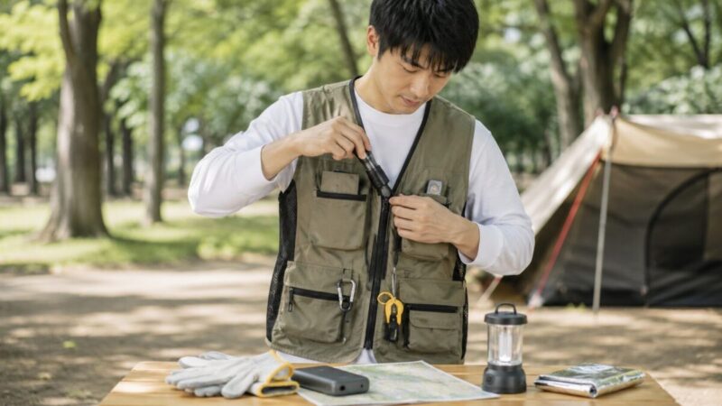 多ポケットベストにミニライトや防災小物を入れて身軽に備える着る防災セットの準備シーン