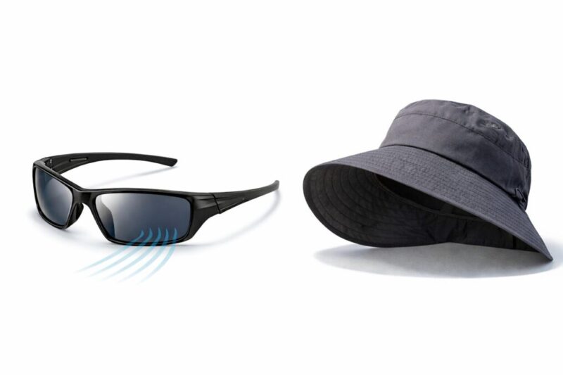 白背景にサングラスとつば広帽子を並べた紫外線対策アイテムのイメージ