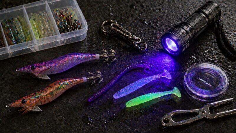 釣り用UVライトでエギやワーム、小物を照らし、照射の強さによる見え方を確認しているイメージ