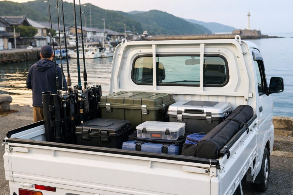 軽トラの荷台に釣竿収納用ロッドホルダーやロッドケース、荷台ボックスを整えた釣り仕様の実例