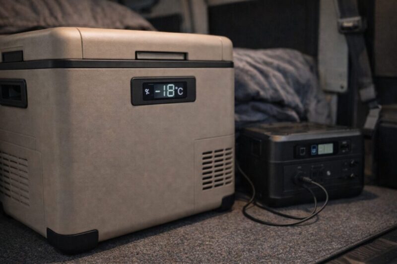 車中泊用冷蔵庫の静音性や電源まわりを確認するイメージ