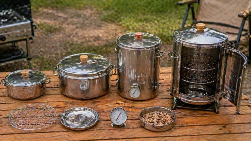 ソロキャンプや少人数の外遊びに使いやすい小型燻製鍋と燻製道具のセット