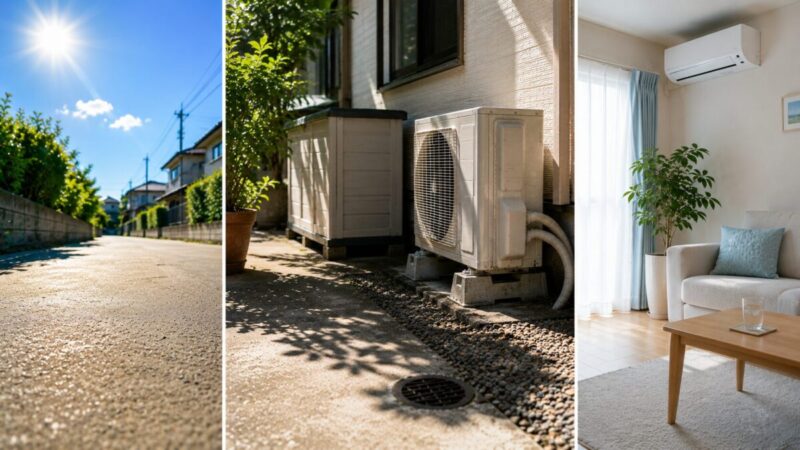 強い日差しの屋外、室外機まわりの日陰、冷房の効いた室内を並べた温度環境の比較イメージ