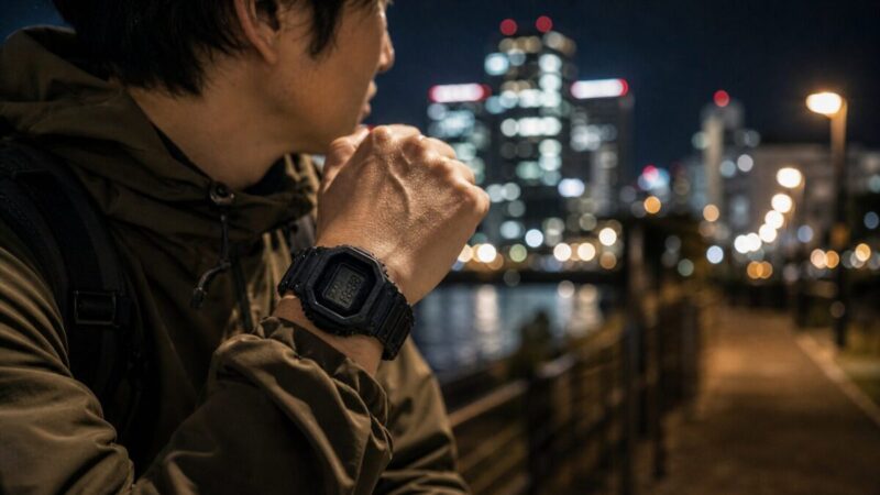 カジュアルな服装に合わせた黒いデジタル腕時計の手元と夜の街並み
