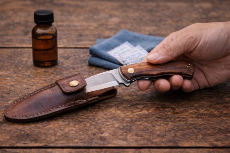 革シースから木ハンドルの折りたたみナイフを抜きかけ、オイルと布を添えて手入れの準備をしているイメージ