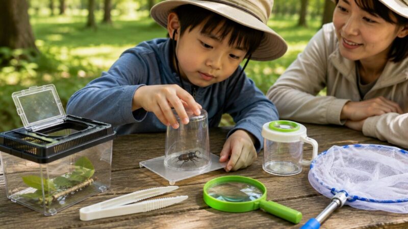 透明な捕獲カップを使って昆虫に触れず安全に観察する親子